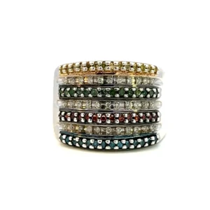 Estate Sterling Silver Multi-Color Diamond Band with Blue, Green, Amber, Yellow, and White Diamonds in a Multi-Row Design