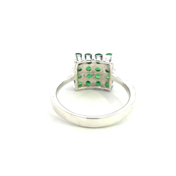 One estate sterling silver gemstone square-top fashion ring containing 16 round-faceted green diopside gemstones in a square-shaped cluster.