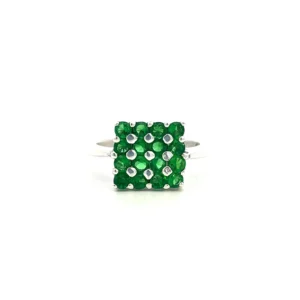 One estate sterling silver gemstone square-top fashion ring containing 16 round-faceted green diopside gemstones in a square-shaped cluster.