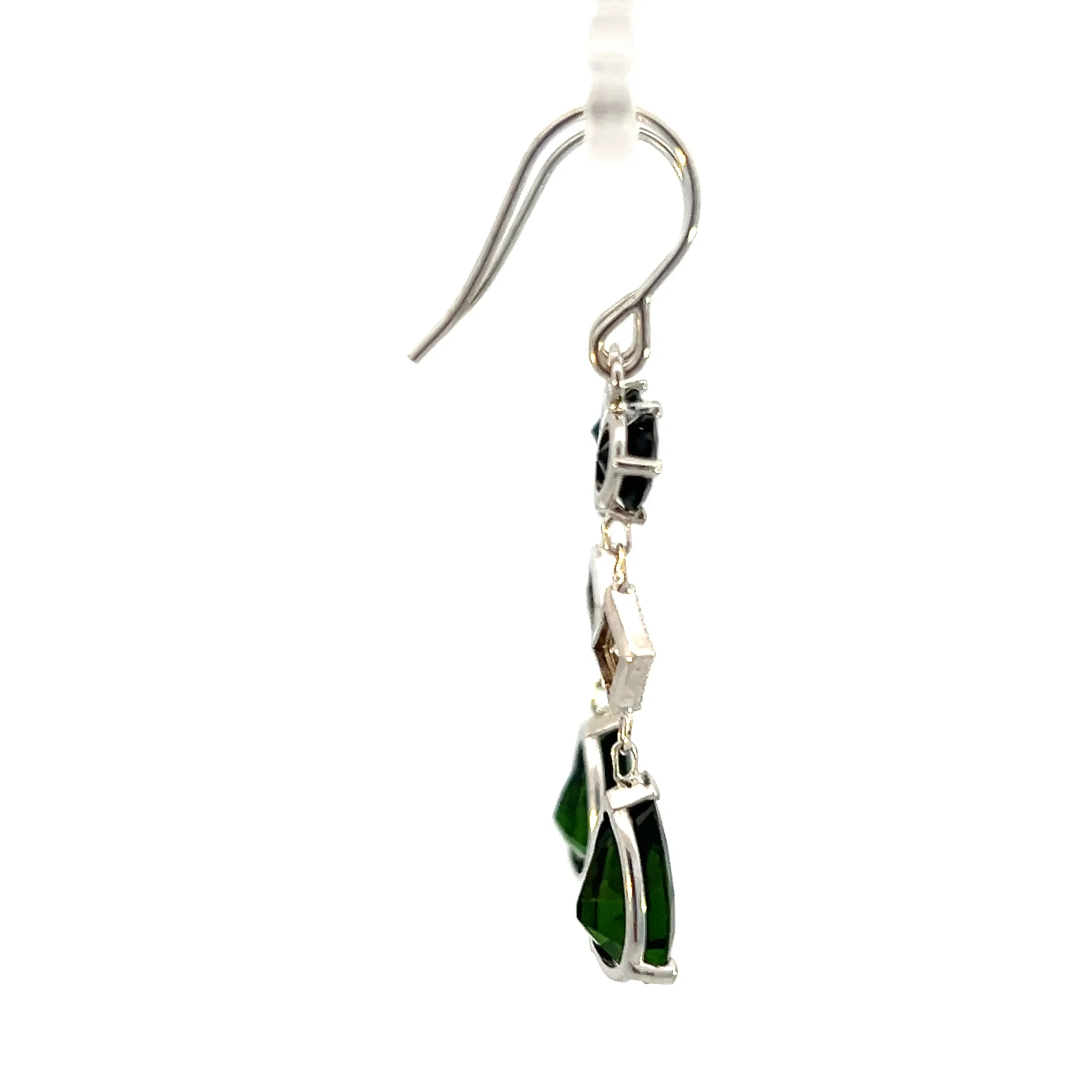 One pair of estate 14 karat white gold drop earrings. Each earrings contains a 5mm round green tourmaline that drops to a milgrain-accented diamond-shaped setting with a round brilliant diamonds that drops to a 9x7mm pear-shaped green tourmaline.