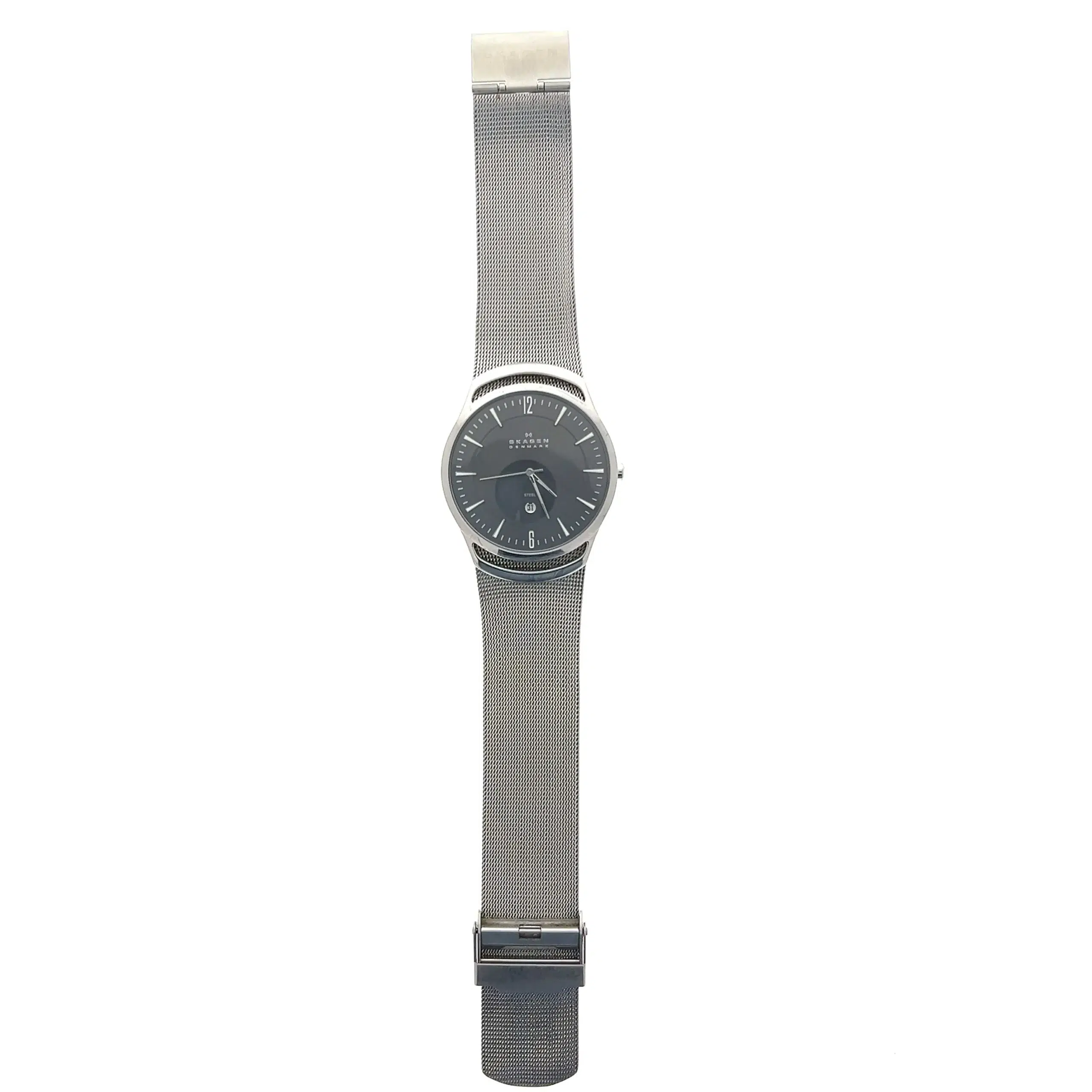 One stainless steel Skagen watch with a 40mm round silver-tone case, a dark gray dial, minimalist hour and minute markers with Arabic numerals at 6 and 12 o'clock, a date display window near the 6 o'clock location, and a silver-tone mesh bracelet.