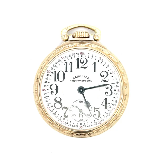 One estate vintage Hamilton Railway Pocket Watch with gold-filled case, white dial, black Arabic numerals with id number 992B.