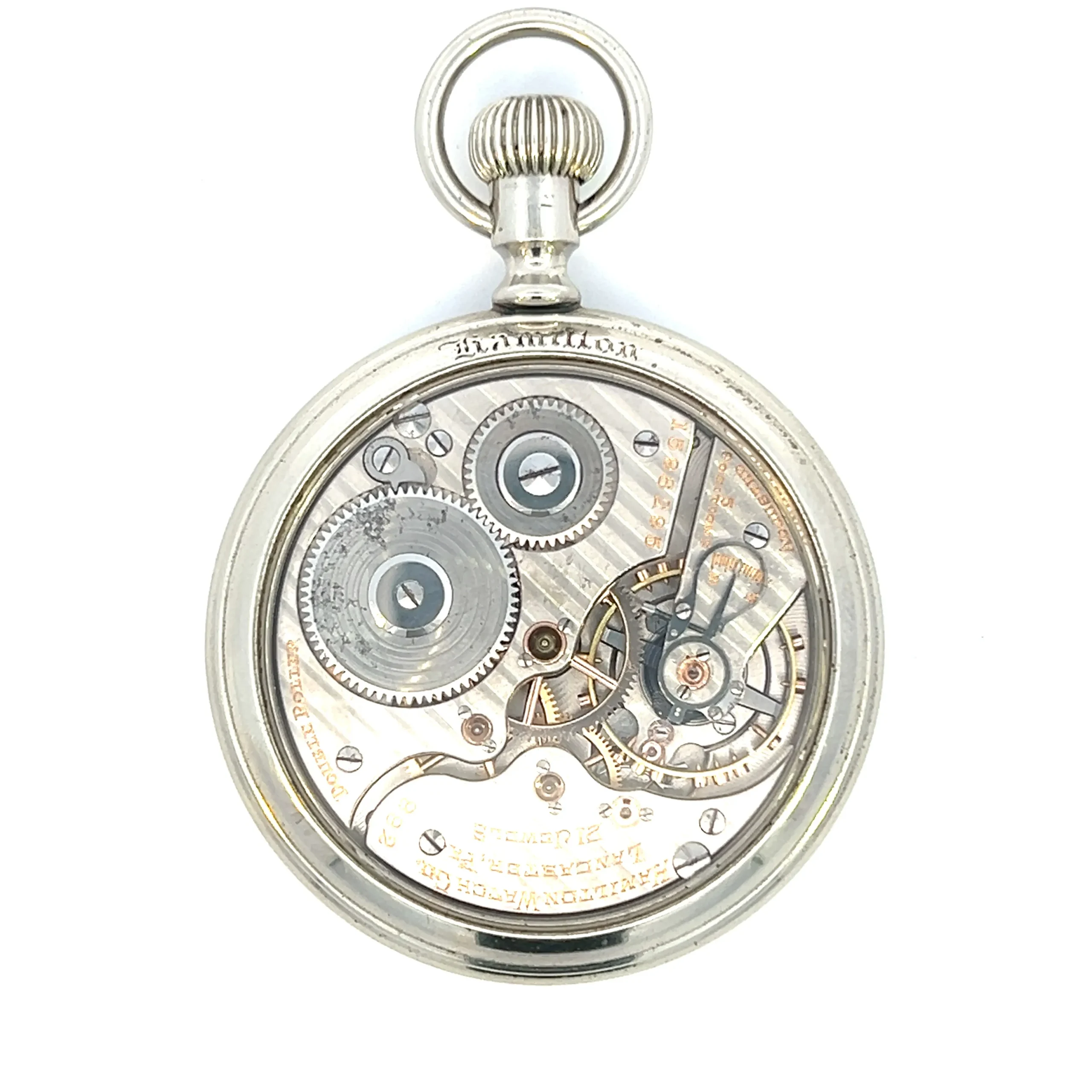 One estate antique nickel Hamilton Railway Special Pocket Watch with an open-face design, white dial, black Arabic numerals, and open back.