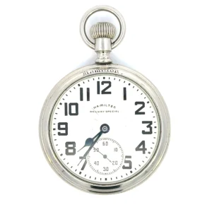 One estate antique nickel Hamilton Railway Special Pocket Watch with an open-face design, white dial, black Arabic numerals, and open back.