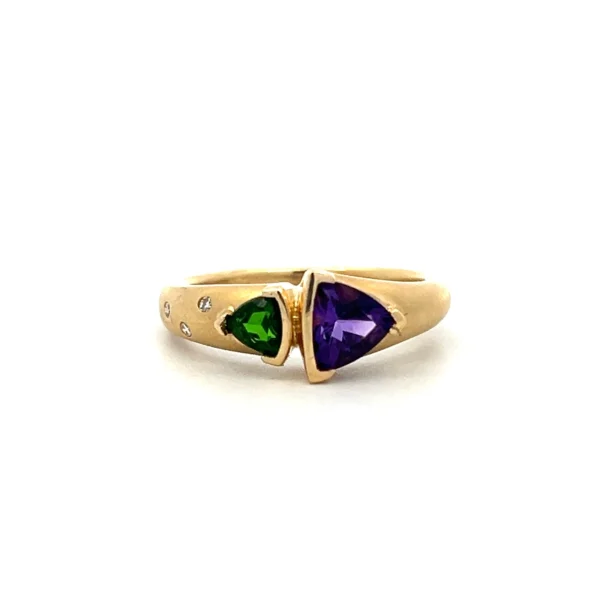 Estate Chrome Diopside and Amethyst Ring in 18K Yellow Gold with Diamond Accents