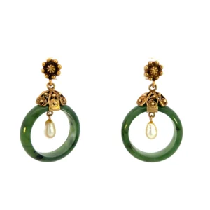 Estate Vintage Pearl and Jade Drop Earrings - One (1) pair of estate 14 karat yellow gold drop design earrings assembled with one (1) 22x6mm nephrite jade wedding band and one (1) fresh water pearl in each earring. The jade hoop is in a drop design and the pearl hangs in the center of the hoop. The earrings are complete with a friction post backing. Stamped "14KS". Total weight 9.10 grams. Vintage from the 1970s.