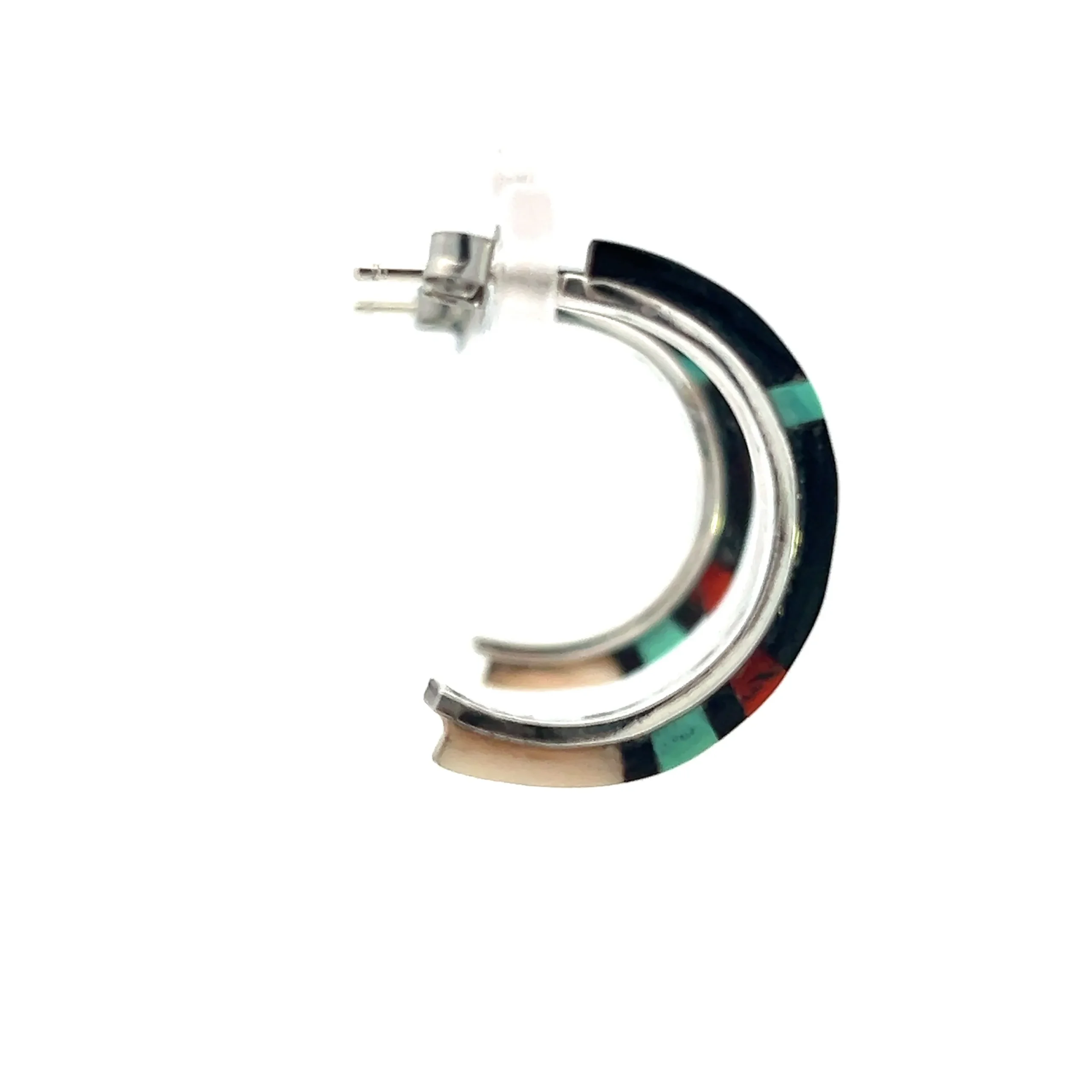 One estate pair of sterling silver half hoop earrings set with inlays of black onyx, coral, and turquoise. Vintage from the 1970s. Total weight of 3.80 grams. Secured with friction posts and backs.