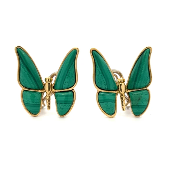 One estate pair of 18 karat yellow gold malachite butterfly earrings with clip-on closures.
