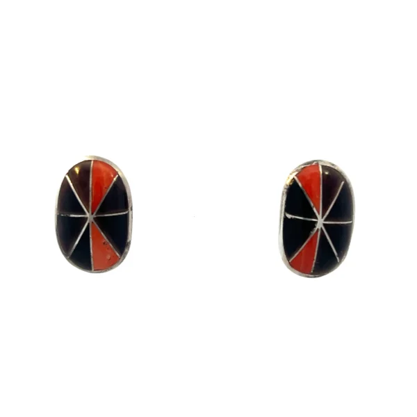 Estate Sterling Silver Gemstone Stud Earrings inlaid with black onyx, coral, and tiger's eye.