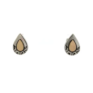 One estate pair of sterling silver pear-shaped stud earrings with an interior pear shape with yellow gold plating. The exterior pear-shaped band is sterling silver and the bottom half has geometrical etched designs. Stamped 925. total weight 2.51 grams. Friction posts and backs. 