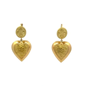 Estate 18k Gold Heart Drop Earrings - Estate 18 karat yellow gold drop earrings. The post area is a oval shape with fleur-de-lis designs which drop to a heart shape with a floral design inside a milgrain halo. Lever back closures. from the 1980s. Stamped 750. Total weight 7.35 grams.