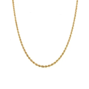 One estate 14 karat yellow gold rope chain necklace measuring 20" long and secured with a barrel clasp and figure-eight safety catch.