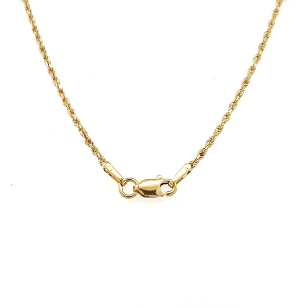 Estate 14 karat yellow gold rope chain necklace measuring 1.3mm wide and 20" long with a lobster claw clasp.