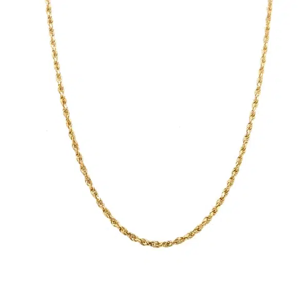 Estate 14 karat yellow gold rope chain necklace measuring 1.3mm wide and 20" long with a lobster claw clasp.