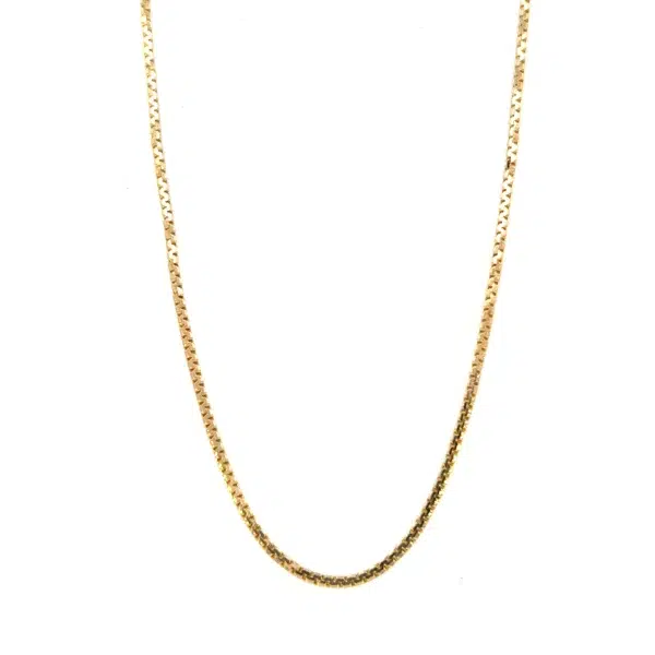 One estate 14 karat yellow gold box chain necklace measuring 16" long and 1.5mm wide. Secured with a spring ring clasp.