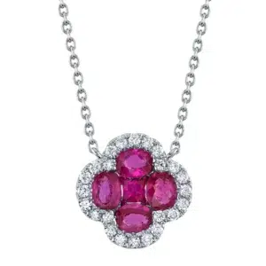 Ruby and Diamond Clover Necklace in 14K white gold featuring oval and princess-cut rubies with a diamond halo.