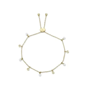 Shy Creation 14K Yellow Gold Pearl and Diamond Bolo Bracelet with Adjustable Clasp