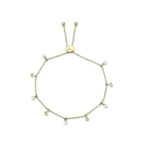 Shy Creation 14K Yellow Gold Pearl and Diamond Bolo Bracelet with Adjustable Clasp