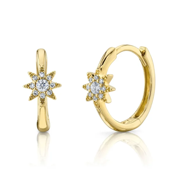 14K Yellow Gold Diamond Starburst Huggie Hoops with Round Diamonds