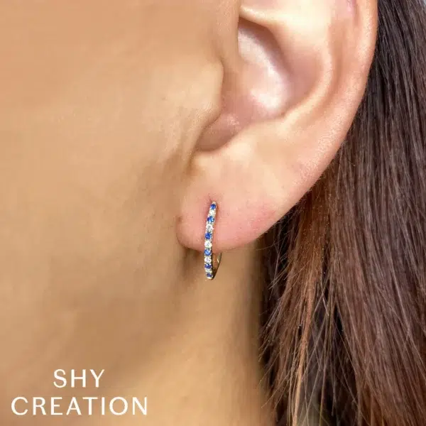 Sapphire and Diamond Pointed Hoop Earrings by Shy Creation in 14K yellow gold featuring alternating sapphires and diamonds.