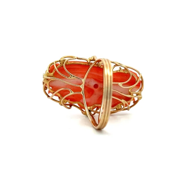 Estate Carved Rose Coral and Diamond Ring in 14K yellow gold, featuring a carved coral rose and diamond accents.