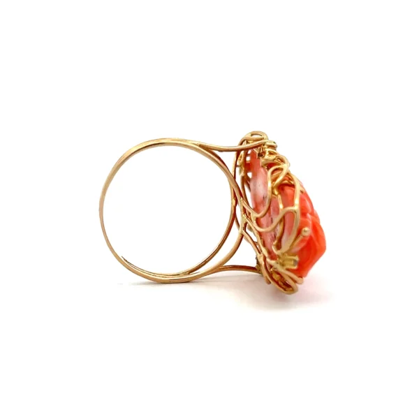 Estate Carved Rose Coral and Diamond Ring in 14K yellow gold, featuring a carved coral rose and diamond accents.