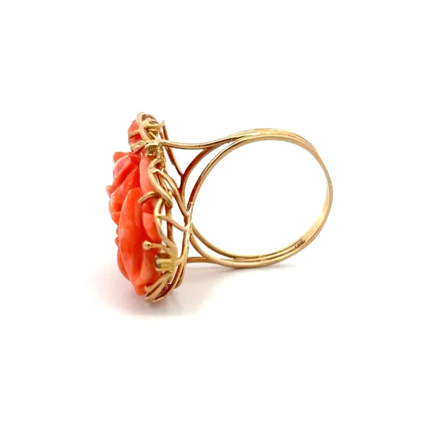 Estate Carved Rose Coral and Diamond Ring in 14K yellow gold, featuring a carved coral rose and diamond accents.