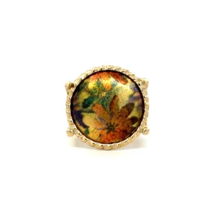 Estate Flower Button Ring in 14K yellow gold with a floral pattern and rope-textured frame.