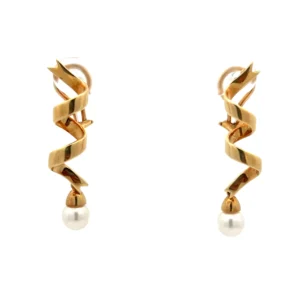 Estate 18K Yellow Gold Spiral Ribbon Pearl Earrings with 6.4mm pearls, 1.5 inches long, perfect for any occasion.