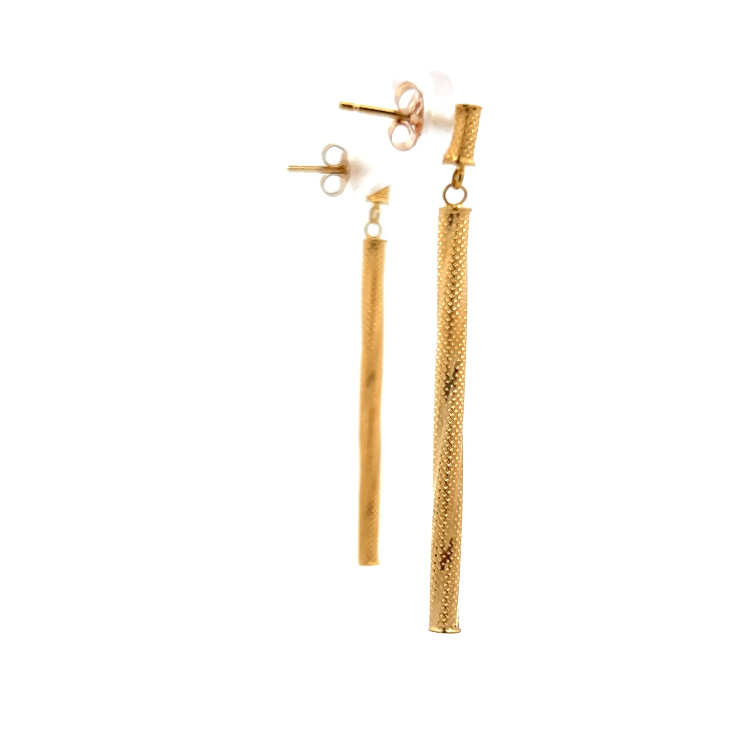 Estate Gold Bar Drop Earrings in 14K yellow gold with a notch texture pattern and elegant design.