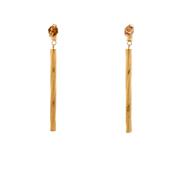 Estate Gold Bar Drop Earrings in 14K yellow gold with a notch texture pattern and elegant design.