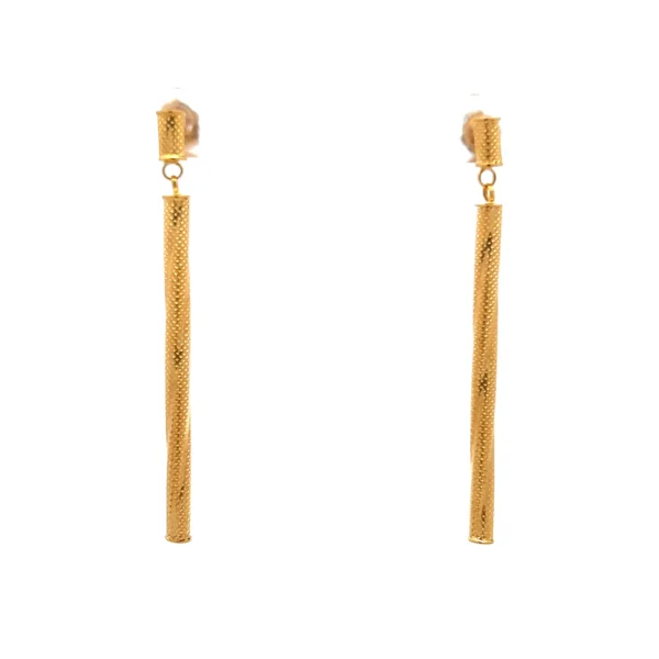 Estate Gold Bar Drop Earrings in 14K yellow gold with a notch texture pattern and elegant design.