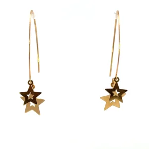 Estate Gold Star Drop Earrings in 14K yellow gold with flat polished star shapes and open centers.