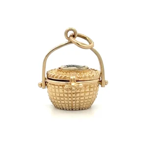 Estate 14K Yellow Gold Nantucket Basket Charm with Penny Inside - 0.76 x 0.65 inches, perfect for charm bracelets or necklaces.