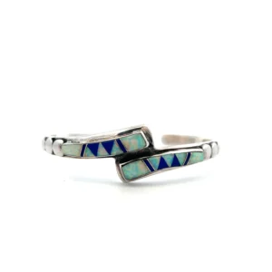 Estate sterling silver bypass cuff bracelet with opal and lapis lazuli inlays and polished silver half orbs