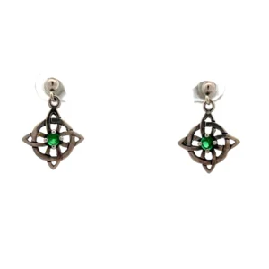 Estate sterling silver Celtic knot drop earrings with lab-created emeralds